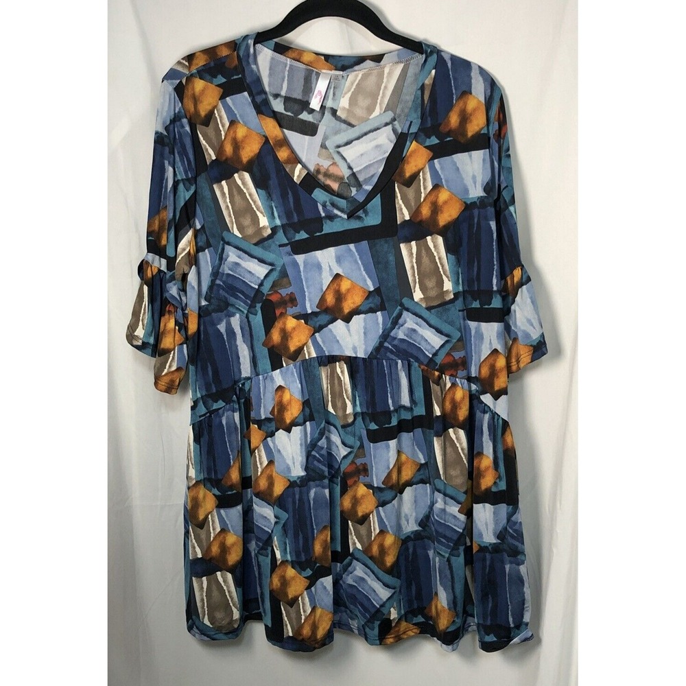 Unbranded The Pink Lady‎ Blue Geometric V-Neck Top w Bell Sleeves - Size 1X